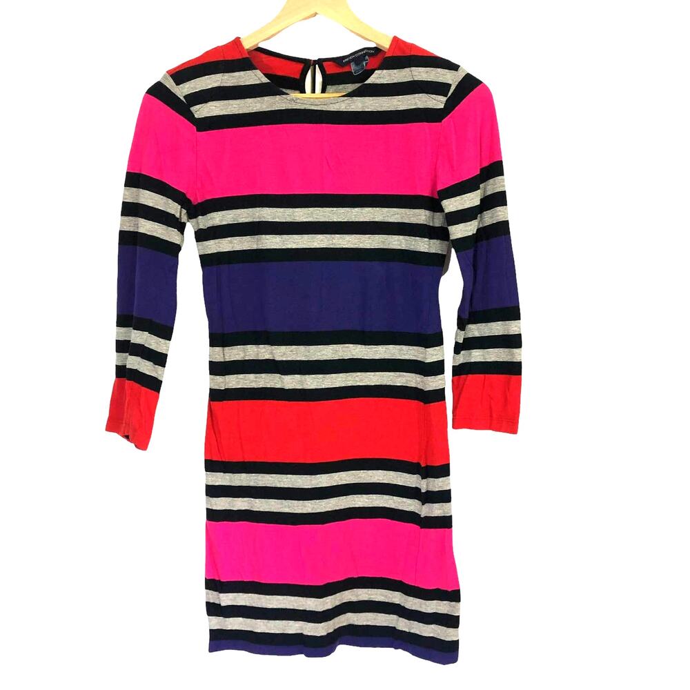 French Connection Women's Bodycon Pink Purple Red Stripe Dress SIZE 6